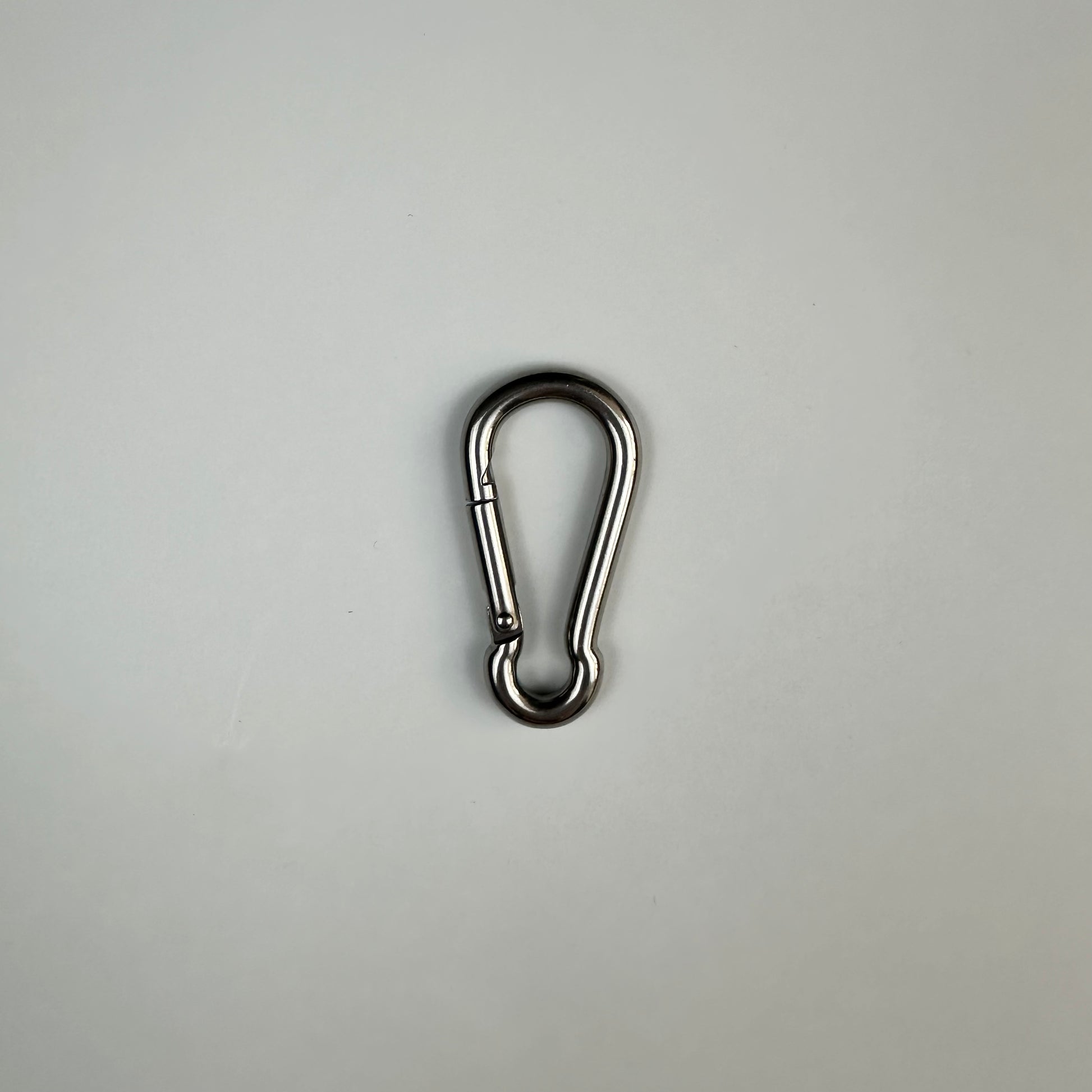 Metallic carabiner on a light gray background
